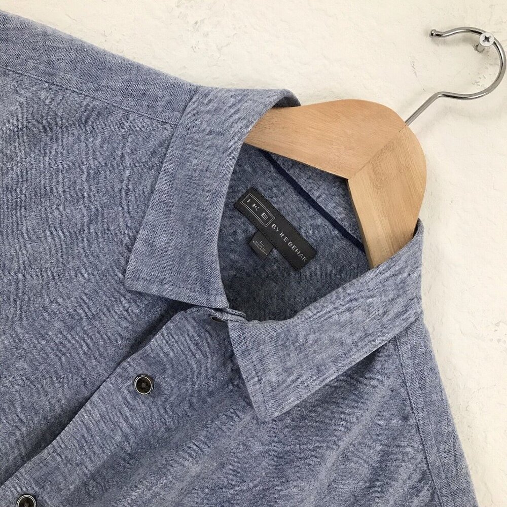 Ike Behar Short Sleeve Linen/Cotton‎ Button Down Blue Shirt | size L